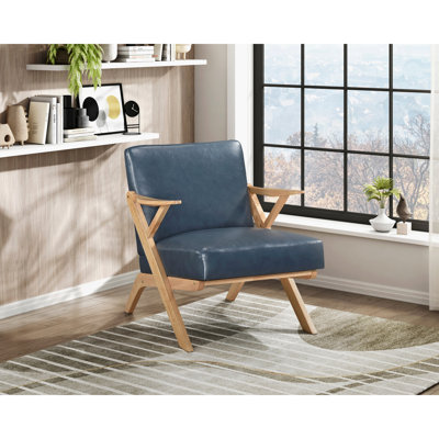 Siège d'appoint rembourré en similicuir bleu, bois d'hévéa massif, chaise de décoration intérieure en bois d'hévéa, revêtement
