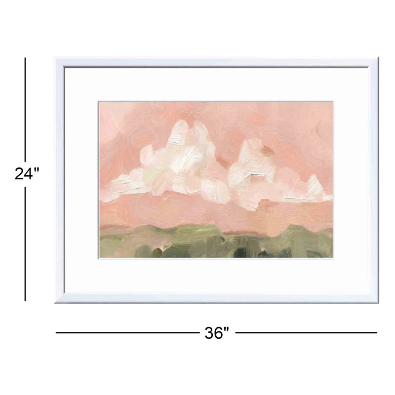 «Pink Haze Sunset I» par Emma Scarvey - peinture encadrée, H 24 po x l 36 po, Blanc