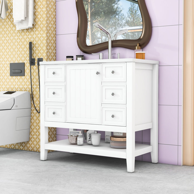Ensemble de meuble-lavabo avec lavabo, une armoire et trois tiroirs, Blanc