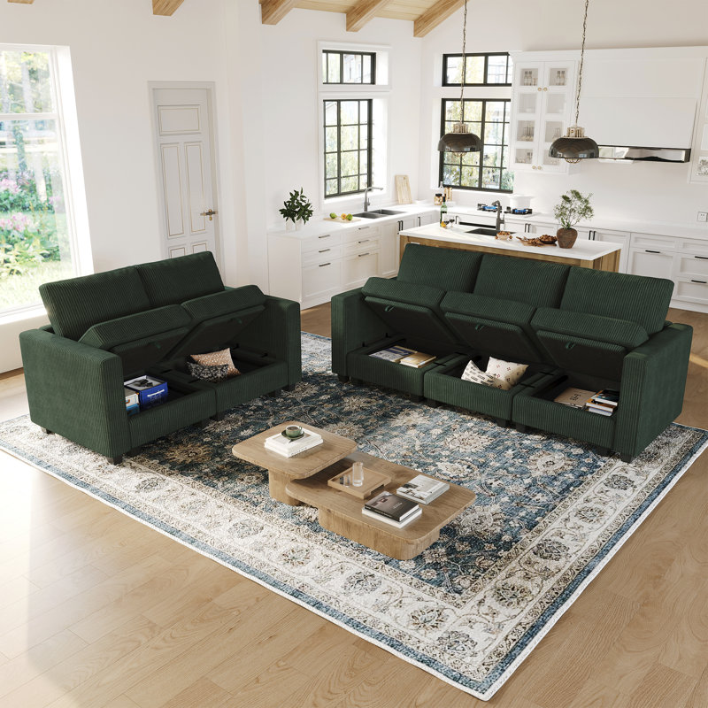 Canapé confortable avec espace de rangement 2 pièces Corduroy, Vert