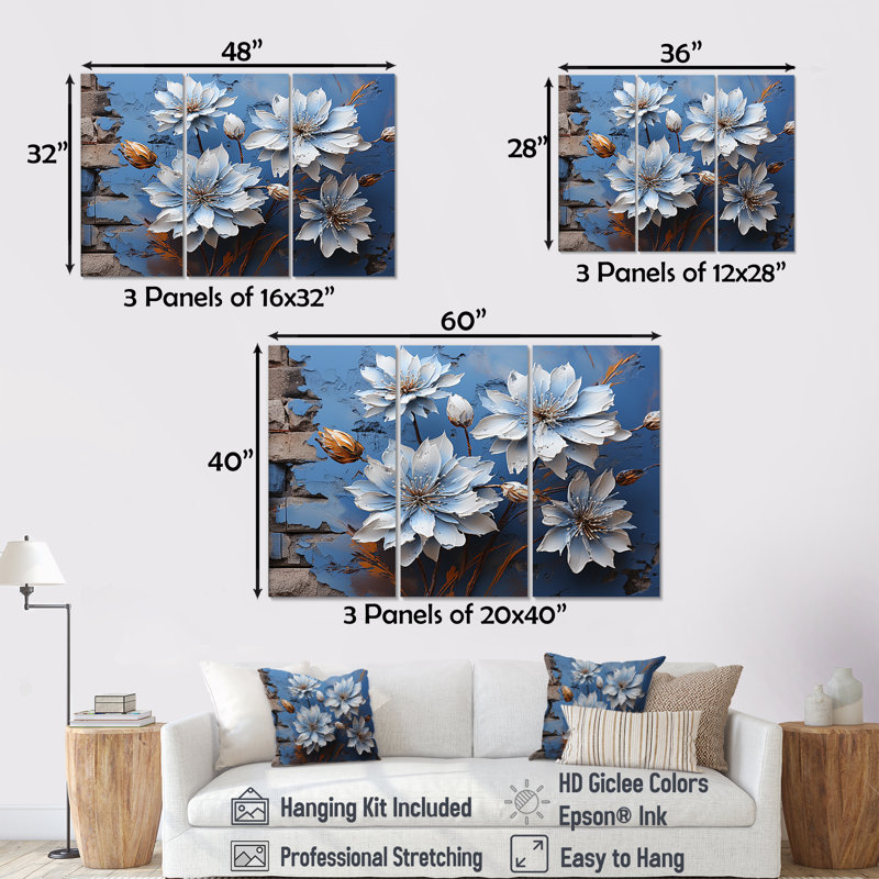 Impression d'art moderne bleu et blanc sur bleuets - II, Toile tendue, H 32 po x l 48 po x P 1 po