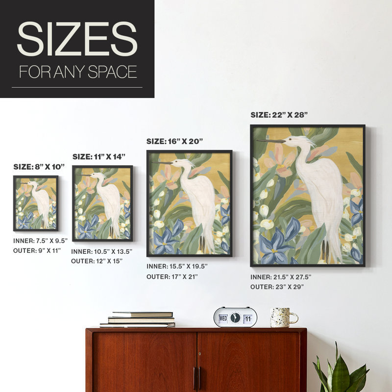Floral Egret I-Premium, reproduction encadrée prête à accrocher - aucun clou requis - aucun clou requis, H 15 po x l 24 po