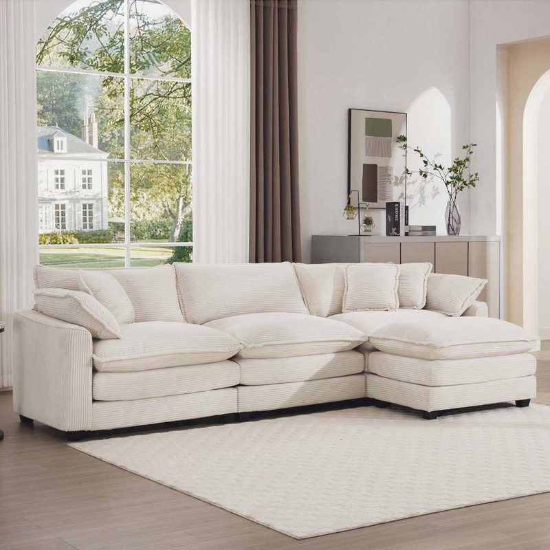 Corduroy Sofa with 1 Footrest, Beige, 33.85"H x 114.56"W x 34.25"D