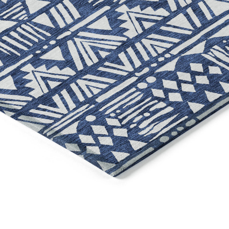 3' X 5' Navy Blue And Ivory Southwestern Washable Indoor Outdoor Area Rug