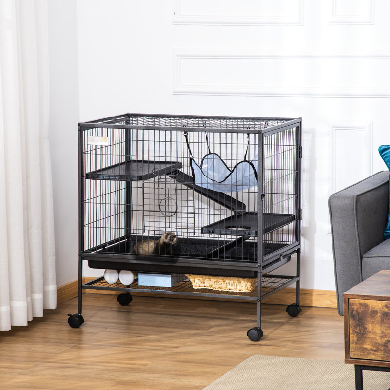 Cage à 3 furets, cage Chinchilla - structure métallique avec tablette, plateau de nettoyage facile, roues mobiles et paisible pour plusieurs petits animaux