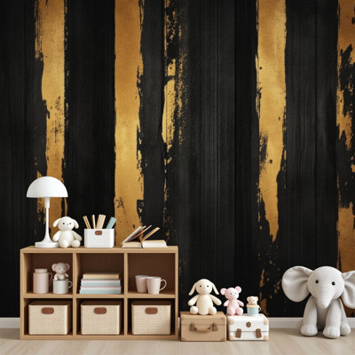 Peel and Stick Wallpaper Abstract Black Gold Vertical Grunge Stripes Texture Metallic Accents Wall Murals 100"H x 144"W Removable PVC Wall Paper Self-Adhesive Wall Decor for Bedroom Living Room Home Office