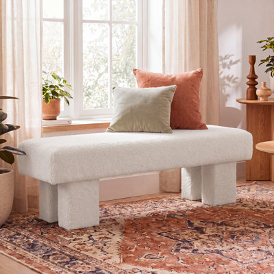 59" White Teddy Fleece End of Bed Bench, Long Upholstered Bench for Bedroom 