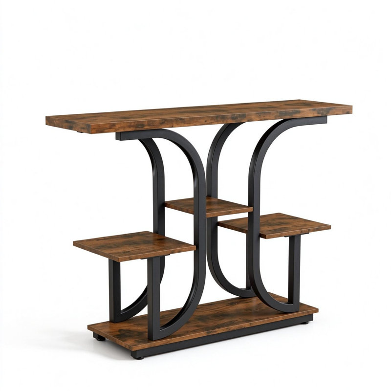 Console étroite moderne, table d'entrée industrielle à 3 niveaux avec étagères ouvertes, brun rustique