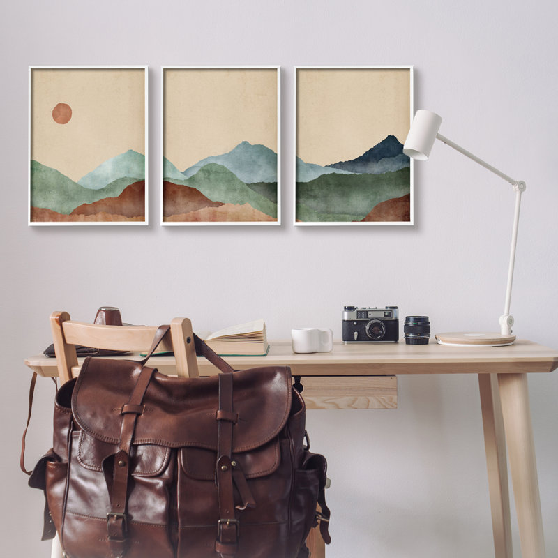 «Abstract Mountains Landscape Moon» par Sally Swatland, ensemble de 3 impressions, H 20 po x l 48 po x P 1,5 po, Toile tendue