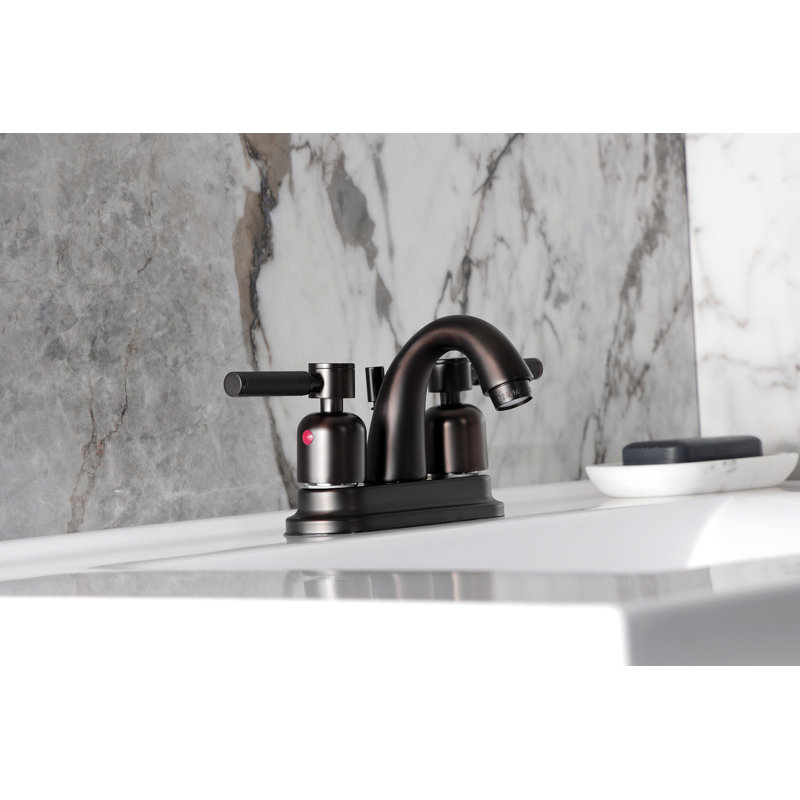 Kingston Brass Kaiser Two-Handle 3-Hole Deck Mount 4" Centerset Bathroom Faucet with Plastic Pop-Up, Oil Rubbed Bronze