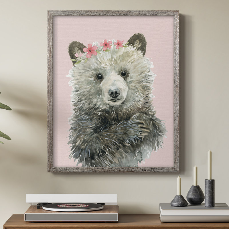 Reproduction encadrée d'un ourson en bois massif, H 11 po x l 9 po