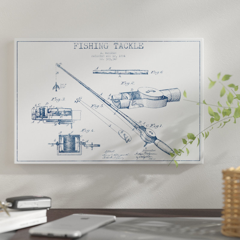 " A. Wakeman Fishing Tackle Patent Sketch (Ink) " by Aged Pixel, 8" H x 12" W x  0.75" D, No Mat, Wrapped Canvas