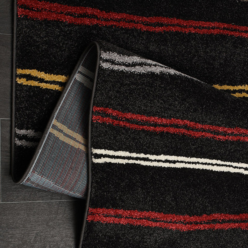 Tapis rayé en polypropylène tissé à la machine noir / jaune / bleu, Rectangle 6 pi 7 po x 9 pi 6 po