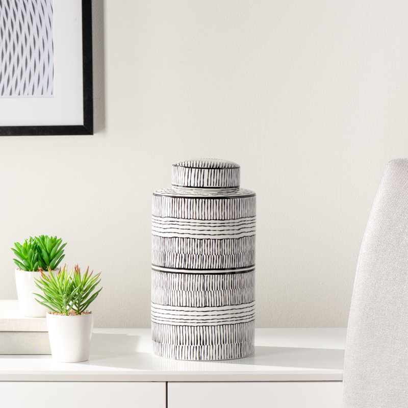 Pot à gingembre en céramique rayé noir et blanc 11 po avec couvercle Coragh, H 11,5 po x l 6,25 po x P 6,25 po