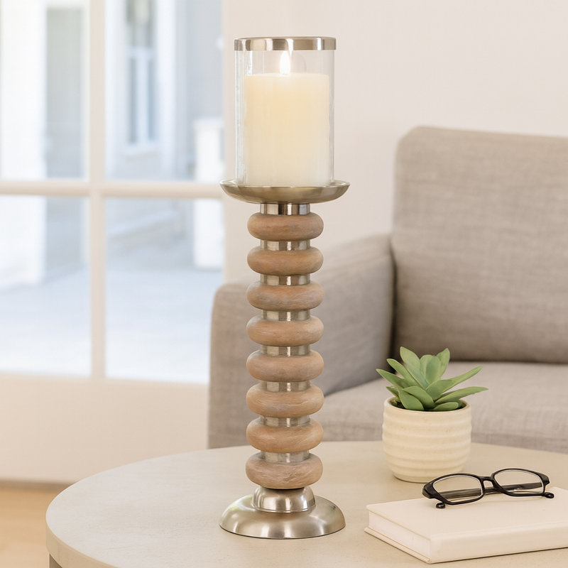 Decorative Pillar Candle Holder with Ring Wood Accent - Modern Candlestick Holder for Entryway, Tabletop, or Shelf Decor - Tan & Gray
