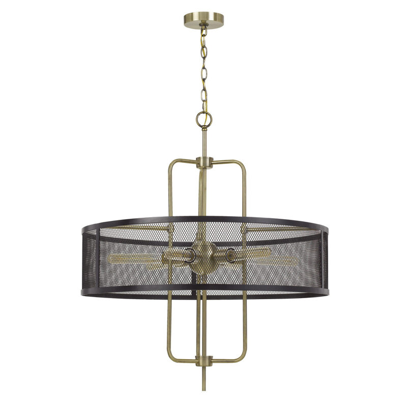 Lustre en métal 6 lumières avec abat-jour en maille Leyde en laiton antique et noir