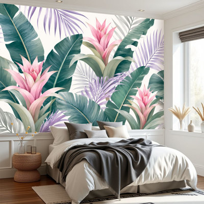 Papier peint auto-adhésif floral, feuilles de bananier vertes sans soudure, broméliacées roses, palmiers, papier autocollant amovible, décoration murale pour le salon, chambre H 69 po x l 96 po