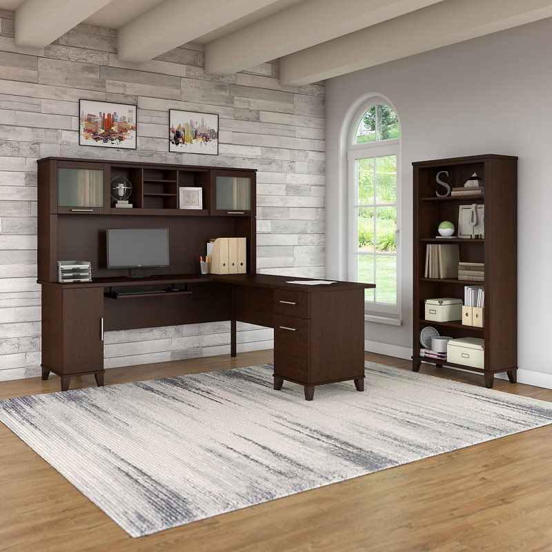Ensemble de bureau d'ordinateur en L 3 pièces avec rehausse Magomed, Cerise mocha