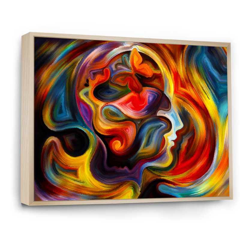 Visage sortant de coups de rouge et de jaune - Peinture sur toile, H 30 po x l 40 po, Cadre flottant en érable