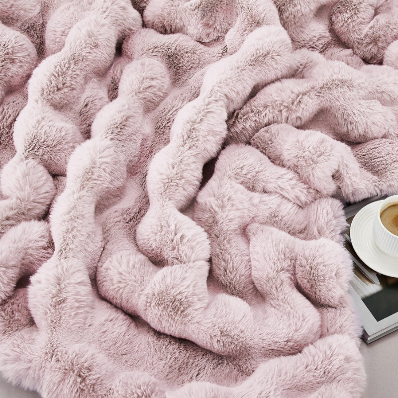 Haalan Cozy Faux Rabbit Fur Soft Reversible Throw Blanket, Twin, Flesh Pink