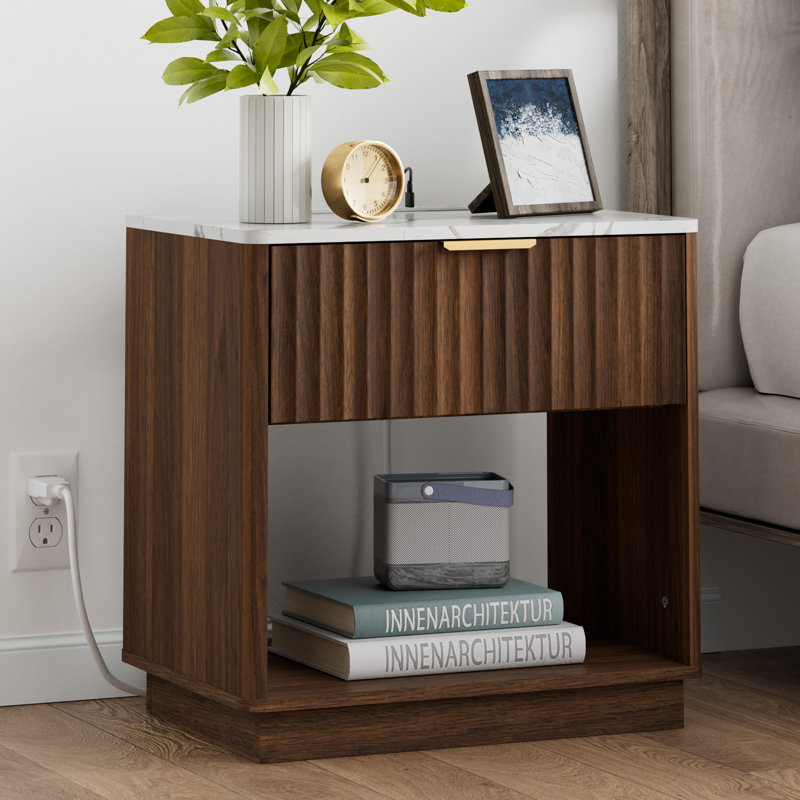Seyla 23.6''W 1-Drawer Nightstand with Open Cubby, Wood Nightstand with Built-In Outlets, Walnut, Set of 1