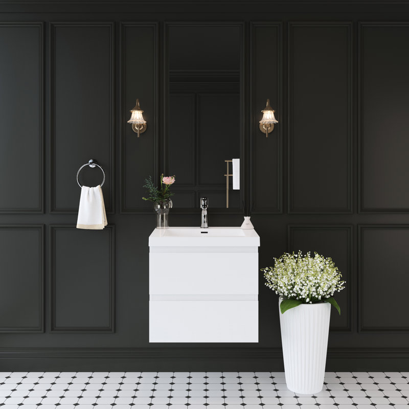 Meuble-lavabo mural blanc brillant de 24 po, lavabo à surface solide, conception peu encombrante, tiroirs à fermeture en douceur, résine, meuble-lavabo à installation simple avec lavabo, rangement, résine rapide