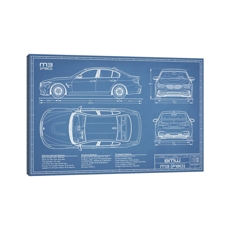 Bmw M3 (F80) Blueprint - impression, H 26 po x l 40 po x 1,5 po