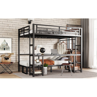 Versatile Queen Over Twin XL Metal Bunk Bed with Desk, Shelves, and Foldable Sofa Functionality