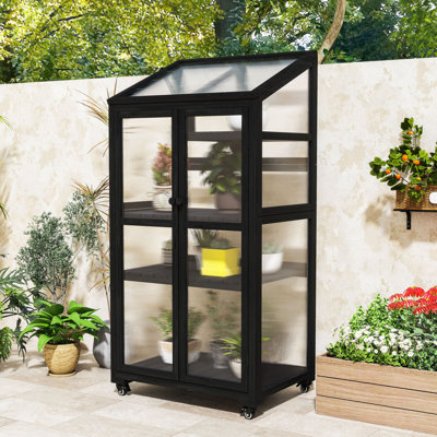 Outdoor Wooden Cold Frame Greenhouse with Wheels, Adjustable Shelves and Openable Roof