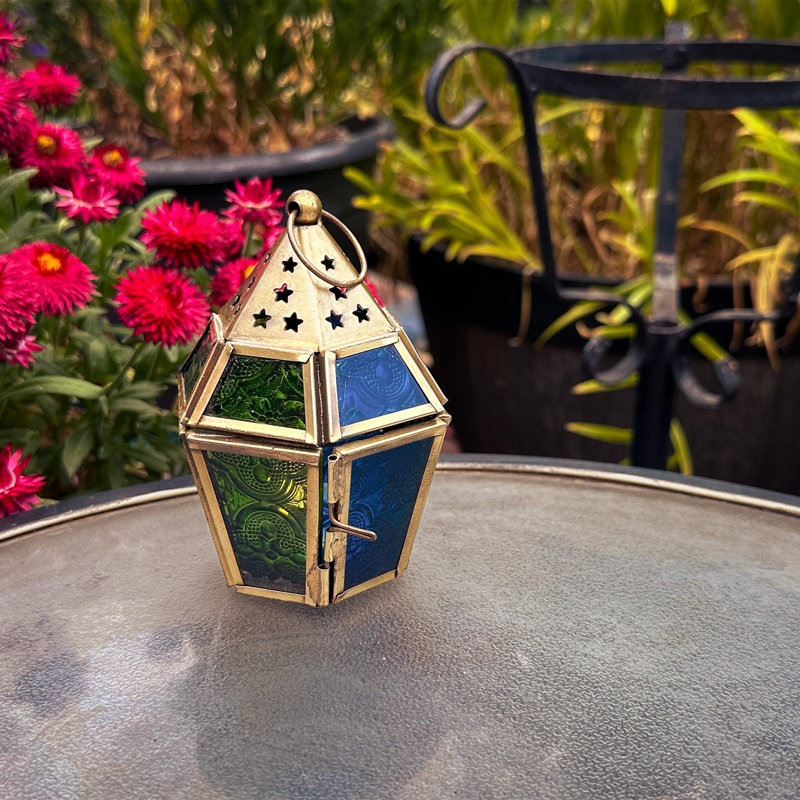 Mini lanterne hexagonale en verre, Bleu / Vert