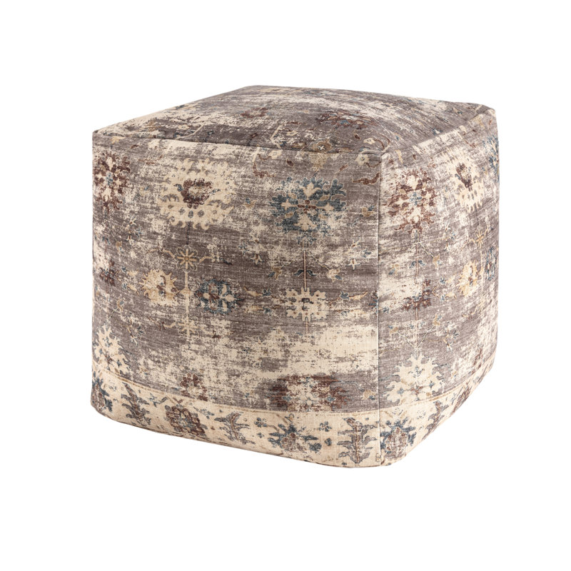 Taj Traditional Floral Power-loomed Square Ottoman Pouf, Brown/Cream