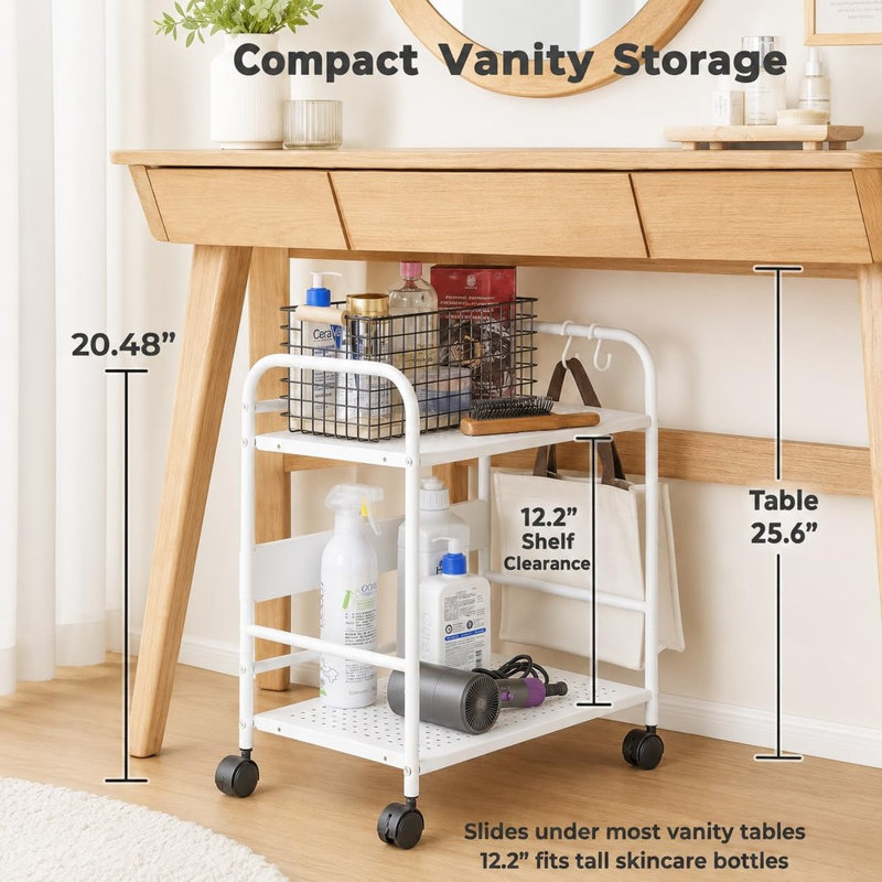 Chariot roulant compact en métal à 2 niveaux, organisateur de rangement mobile sous bureau avec roulettes