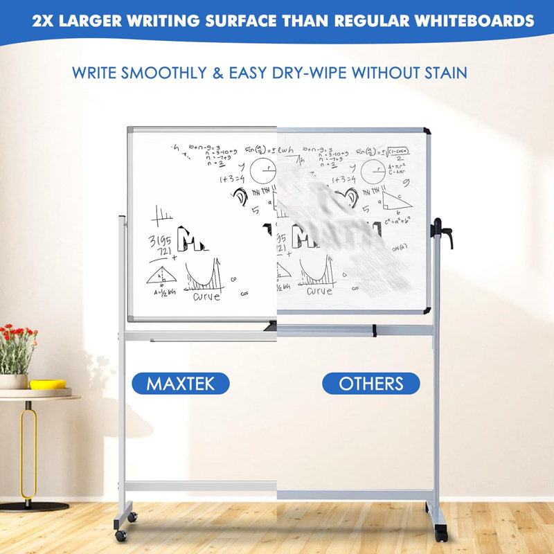 Large Rolling White Board Easel On Wheel, Maxtek 48X32 Inches Double-Sided Mobile Whiteboard, Reversible Magnetic Dry Erase Board Easel Standing Whiteboard On Wheels For Home Office Classroom