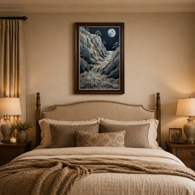 " Gold And Grey Mountain Waterfall Under Crescent Moon " Painting Print