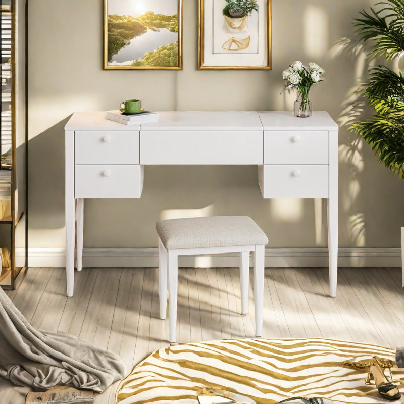 Makeup Vanity Desk With Flip Top Lighting Mirror And 5 Drawers, 47“ Makeup Vanity  Set With Chair, White
