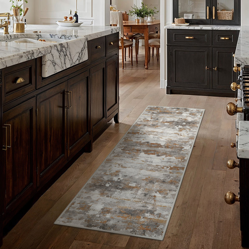 Aura Modern Abstract Machine Washable Distressed Grey / Yellow Indoor Area Rug with Non-Slip Backing, Runner 2' x 6'