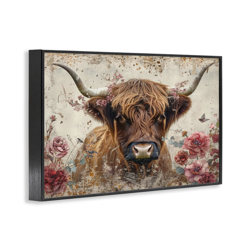  Vache Highland au printemps, estampe numérique par LSR Design Studio, H 12 po x l 18 po, Giclée encadrée noir minuit