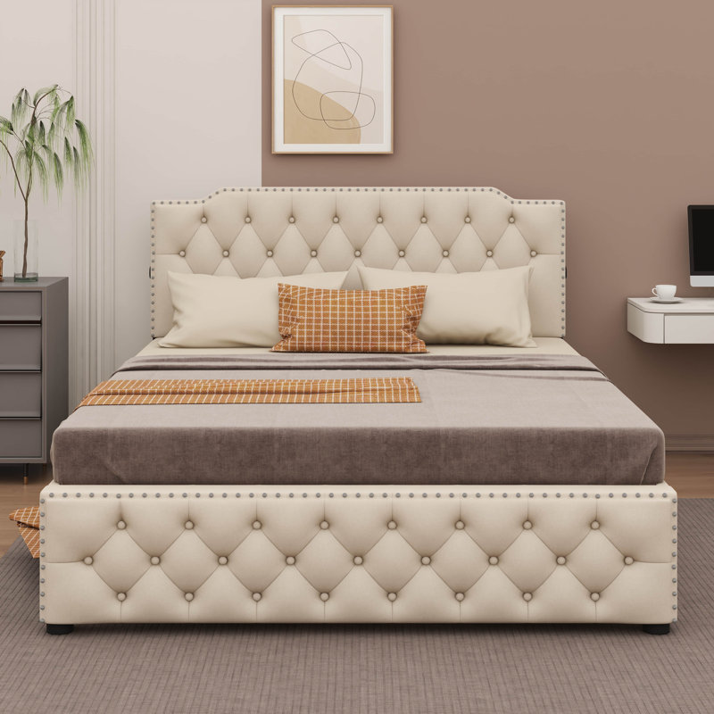 Grand lit plateforme tapissier 2 tiroirs 2 ensembles de ports USB de chaque côté, Beige