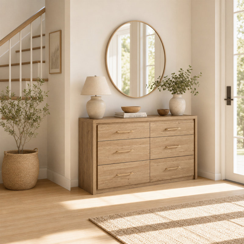 Lentz 152.4cm W 6 - Drawer Chest of Drawers, Sand Oak/Gold