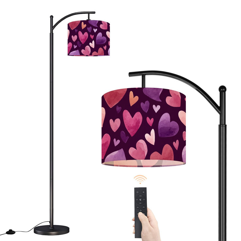 Lampe sur pied arquée avec abat-jour réglable, motif cœurs colorés, 3 températures de couleur, intensité variable, lampe sur pied avec interrupteur au pied pour chambre à coucher