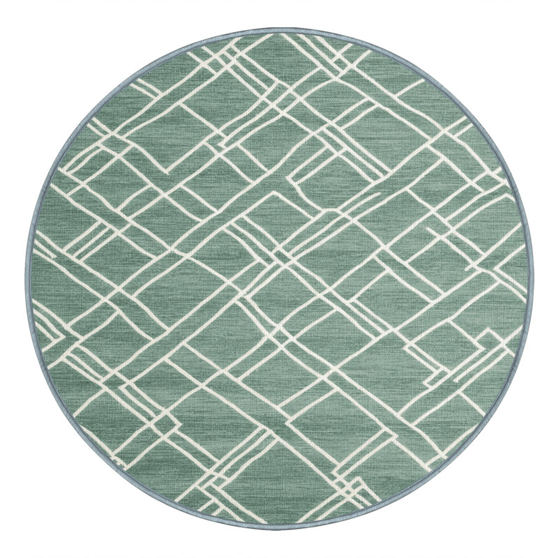 Machine Washable Trellis Green Area Rug, Round 5'