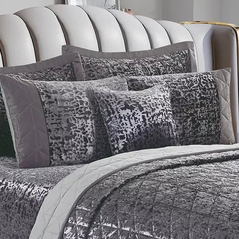 Velvet Plush Crushed Velvet Quilted Coverlet Set – Soft Microfiber Backing, King Bedspread + Pillowshams, Grey