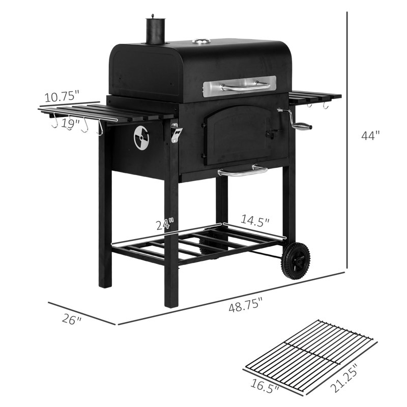 Barbecue au charbon de bois, avec 8 crochets pour les outils de gril et les tablettes pliantes, hauteur réglable, thermomètre, roues pour ouvre-bouteilles de camping, tables d'appoint noires pour barbecue, patio, cour arrière,
