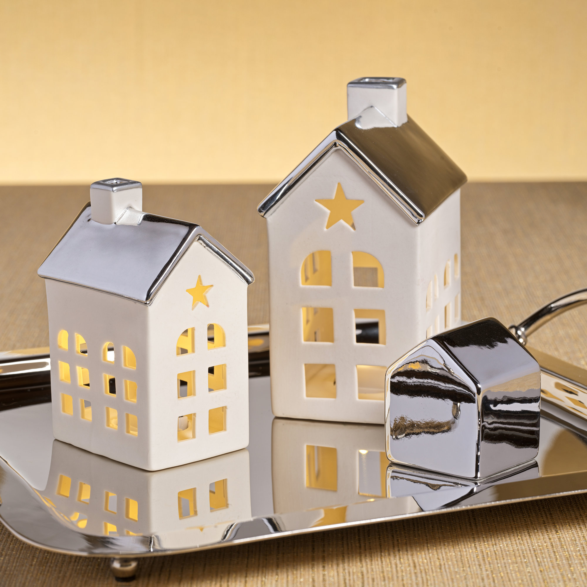 Lilou 2-Piece Set Porcelain LED House with Roof, Silver/White, 4.25" H x 3" W x 2.5" D
