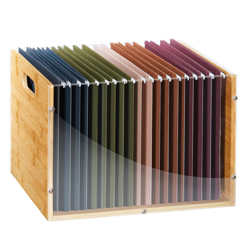 Clear File Box Organizer, Bamboo Hanging Folder Storage Boxes, Filing Crate Bin Holder With Handle For Home Office Desk, Letter Size