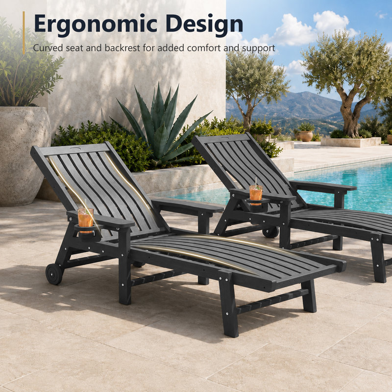 Outdoor HDPE Adjustable Reclining Chaise Lounge Chair With Wheels & Cup Holder in Gray, Gray
