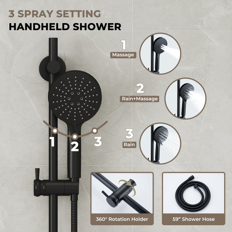 Système de douche à pluie double à 3 fonctions avec barre coulissante réglable à 3 modes