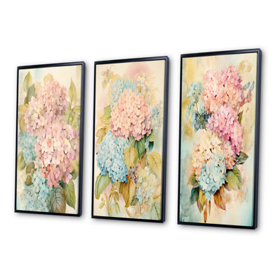 «Retro Hydrangea Bouquet» en bleu et rose - ensemble de 3 impressions