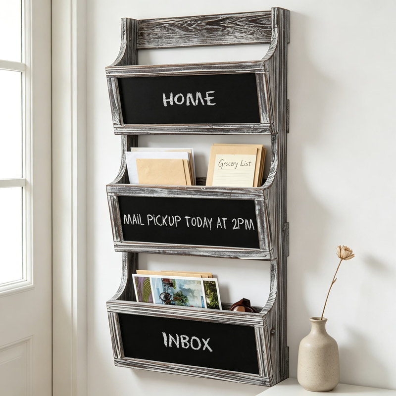 Porte-revues mural en bois massif et porte-courrier avec trois fentes et étiquettes pour tableau noir