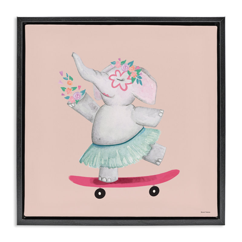 Skateboarding Elephant avec cadre flottant fleurs, design par Rachel Nieman, H 25 po x l 25 po, Cadre flottant noir de jais